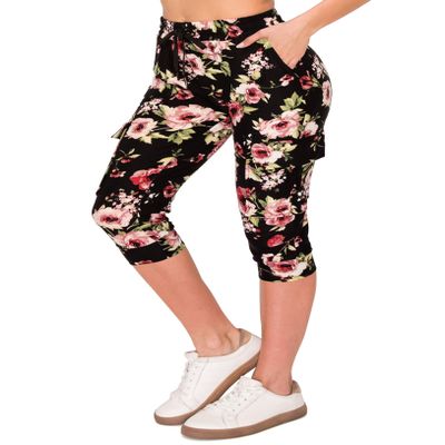 ALWAYS Womens Cargo Capri Jogger Sweatpants with Pockets Super Soft Stretch Lounge Pants, Casual Joggers for Women, Daily Wear & Travel, Floral 1882BK L
