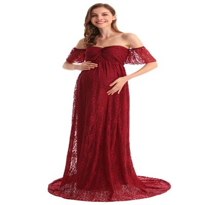 MYRISAM Women Bohemian Maternity Off Shoulder Ruffle Sleeve Lace Wedding Dress Photography Maxi Baby Shower Photoshoot Gown Burgundy M