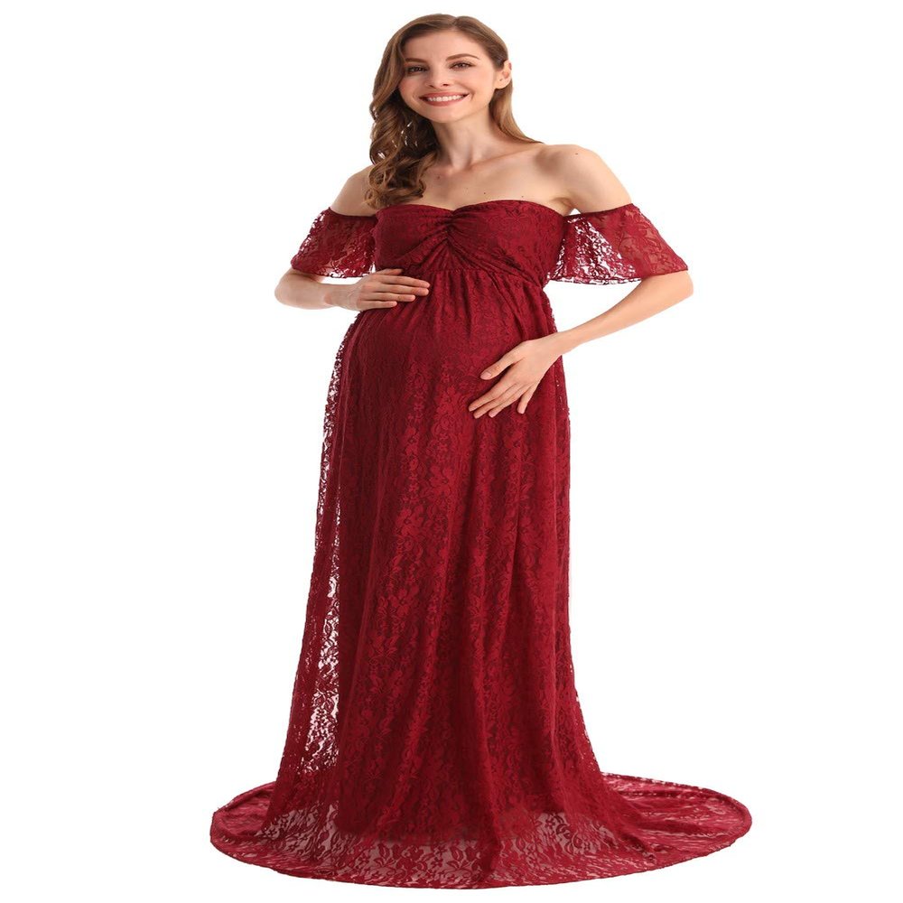 MYRISAM Women Bohemian Maternity Off Shoulder Ruffle Sleeve Lace Wedding Dress Photography Maxi Baby Shower Photoshoot Gown Burgundy M