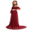 MYRISAM Women Bohemian Maternity Off Shoulder Ruffle Sleeve Lace Wedding Dress Photography Maxi Baby Shower Photoshoot Gown Burgundy M view 4