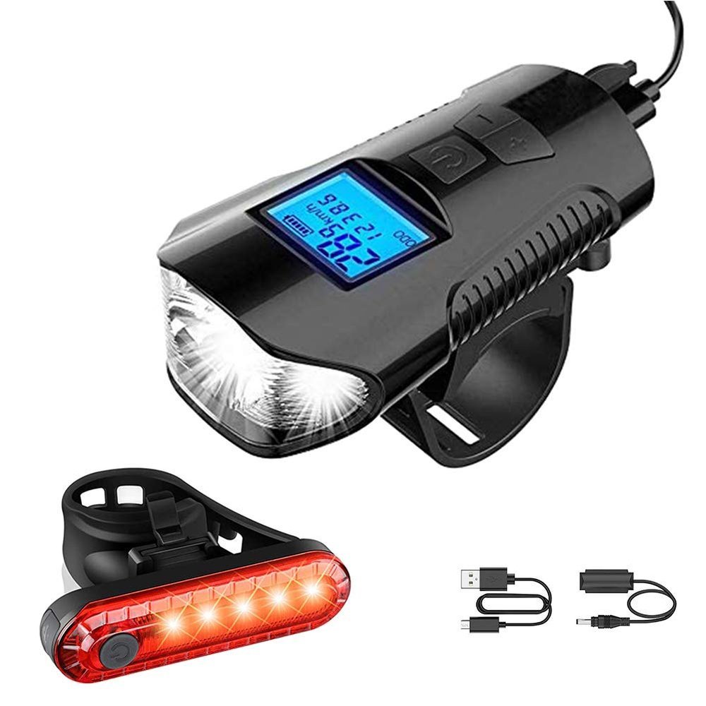Bike Light Set with Horn and Speedometer Odometer, USB Rechargeable Bicycle Headlight and Tail Light, Fits All Mountain & Road Bike