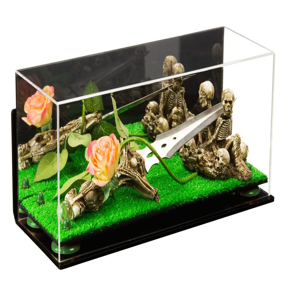 Better Display Cases Versatile Clear Acrylic Trucks, Trains and Rockets Display Case - Large Rectangle Box with Mirror Case, Green Risers, Turf Base and Wall Mount 17" x 6" x 7" (A019/V46)