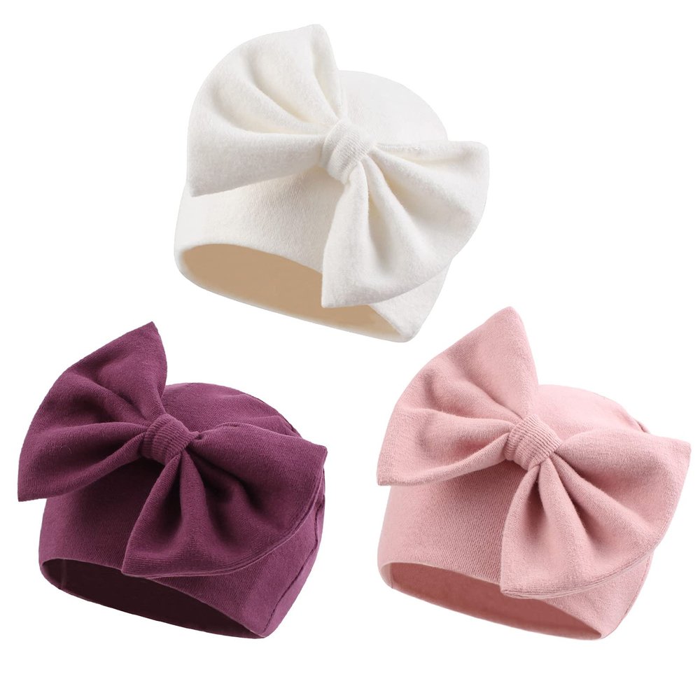 Bamery Newborn Baby Girl Hat Cotton Baby Bow Beanie Preemie Hats Spring Infant Hats for Girls 0-12 Months (Skin Pink+Deep Purple+White, 6-12 Months)