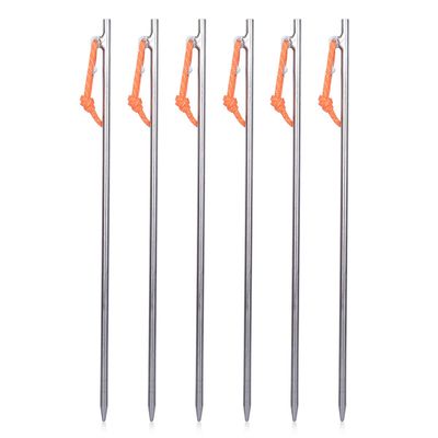 iBasingo Titanium Tent Stakes 6-Pack, 40cm Extra Long Ground Pegs Ultimate Hold for Beach Snow & High Winds, TC4 93g/pc with Reflective Ropes Ti4012P