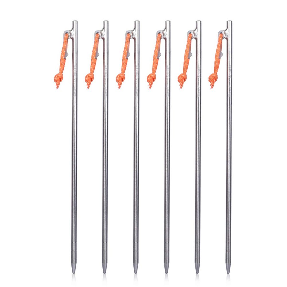iBasingo 35cm Long Titanium Stakes 6-Pack, for Soft Soil Sand & Family Camping Tent, TC4 Alloy Durable Pegs with Reflective Ropes, 81g/pc Ti4012P