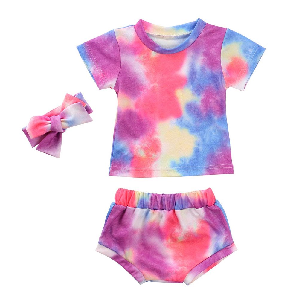 WALLARENEAR Toddler Baby Girl 2Pcs Summer Outfit Cartoon Dinosaur Short Sleeve T-Shirt Crop Top + Ruffle Shorts (Gradient, 6-12 Months)