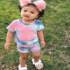 WALLARENEAR Toddler Baby Girl 2Pcs Summer Outfit Cartoon Dinosaur Short Sleeve T-Shirt Crop Top + Ruffle Shorts (Gradient, 6-12 Months) view 2