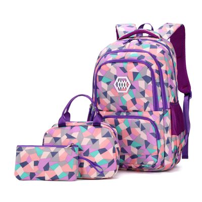 3Pcs Geometric Print Kids Backpack Set for Girls with Lunchbag, Purple Girls Backpack Elementary Middle School Bag Bookbag