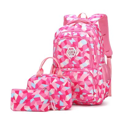 3Pcs Geometric Print Kids Backpack Set for Girls with Lunchbox, Capacity Elementary Middle School Bag Girls Backpack and Lunchbox Set