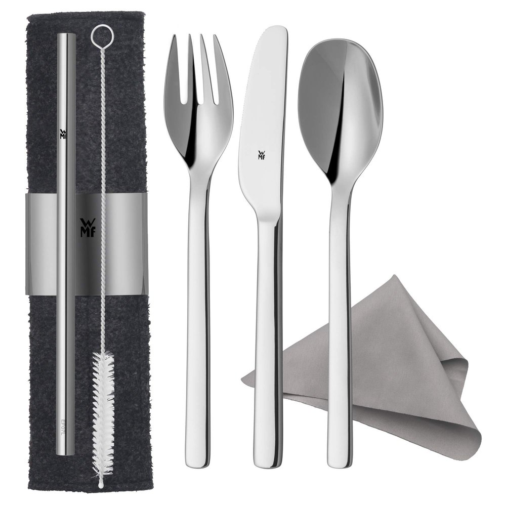 WMF my2Go 8-Piece Cutlery Set, Outdoor Travel Cutlery, Camping Cutlery with Case, Hiking Cutlery, Environmentally Friendly, Straw, Cleaning Brush, Gift