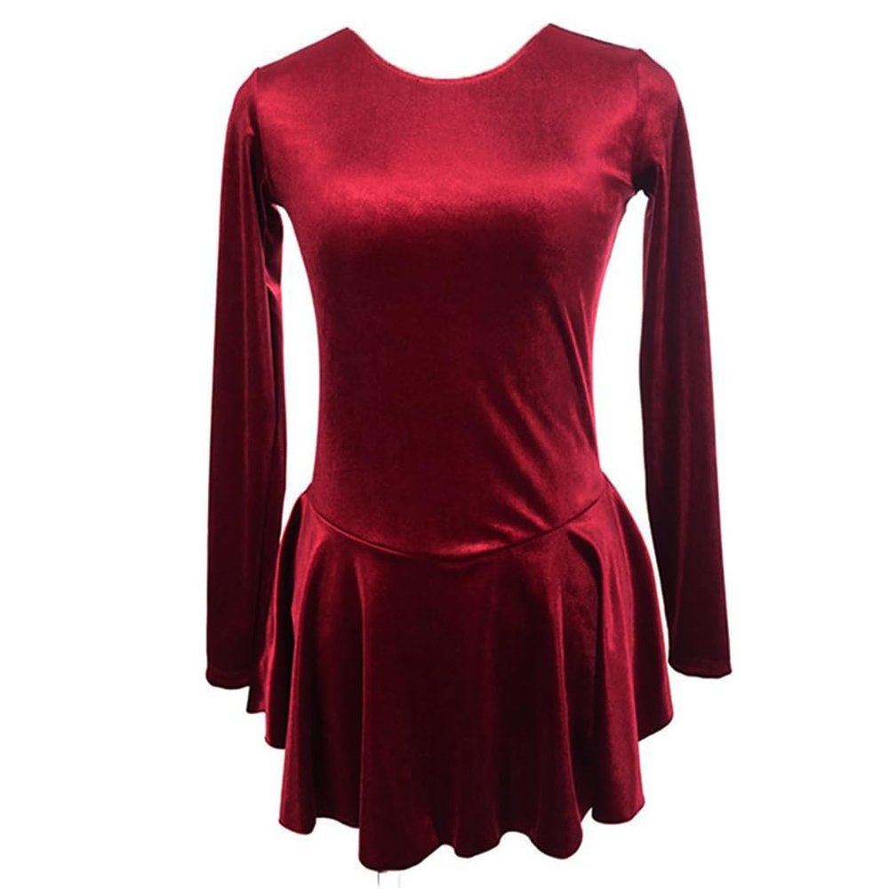 Ice Figure Skating Dress Girls Classic Velvet Open Back Skirt Training Dance Dress Competition Wine Red