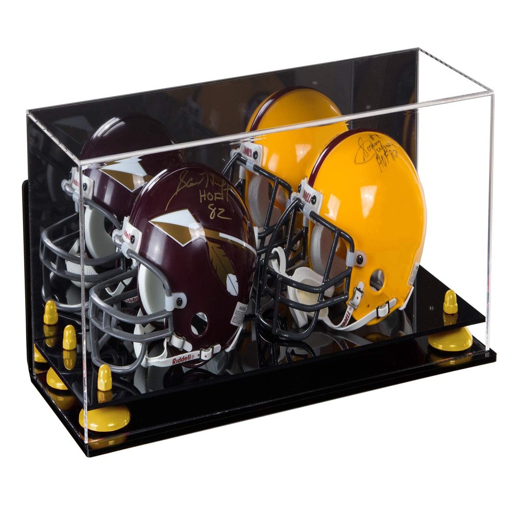 Better Display Cases Acrylic Double Mini - Miniature (not Full Size) Football Helmet or Mini Goalie Mask Display Case with Mirror Case, Yellow Risers, Wall Mount and Black Base (A019/V46)
