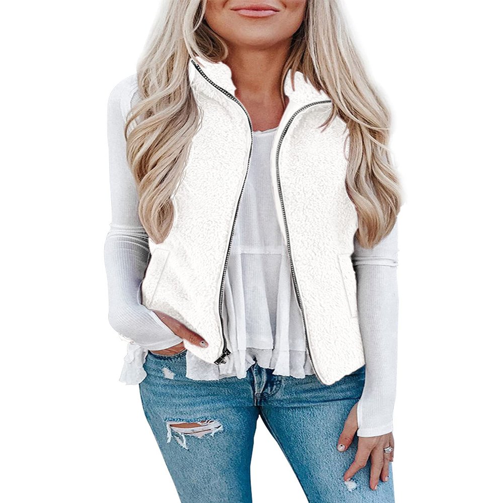 Women's Casual Sherpa Fleece Fuzzy Vest Jacket Sleeveless Zip Up Lined Stand Collar Lightweight Warm Waistcoat with Pockets White L