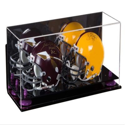 Better Display Cases Acrylic Double Mini - Miniature (not Full Size) Football Helmet or Mini Goalie Mask Display Case with Mirror Case, Purple Risers and Black Base (A019/V46)