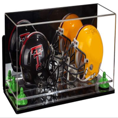Better Display Cases Acrylic Double Mini - Miniature (not Full Size) Football Helmet or Mini Goalie Mask Display Case with Mirror Case, Green Risers, Wall Mount and Black Base (A019/V46)