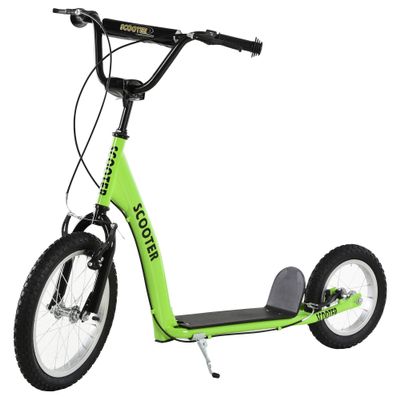 Aosom Youth Scooter Kick Scooter for Kids 5+ with Adjustable Handlebar 16" Front and 12" Rear Dual Brakes Inflatable Wheels, Green