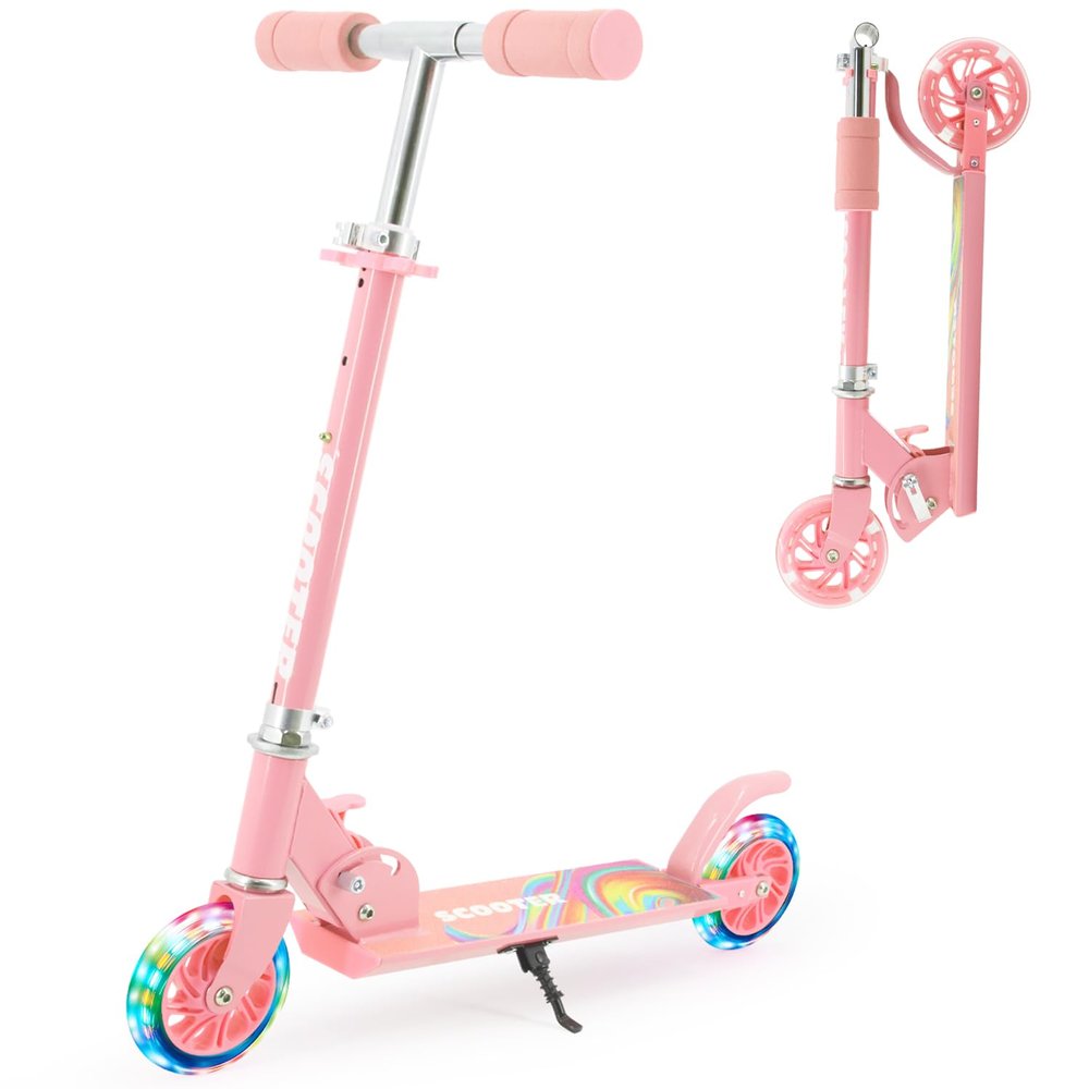 TENBOOM Scooter Toys for Kids Ages 6-12/3-5, Max Load 220 LBS, Foldable Lightweight Kick Scooter with Light Up Wheels, Kickstand, 3 Adjustable Levels, Rear Brake, Pink