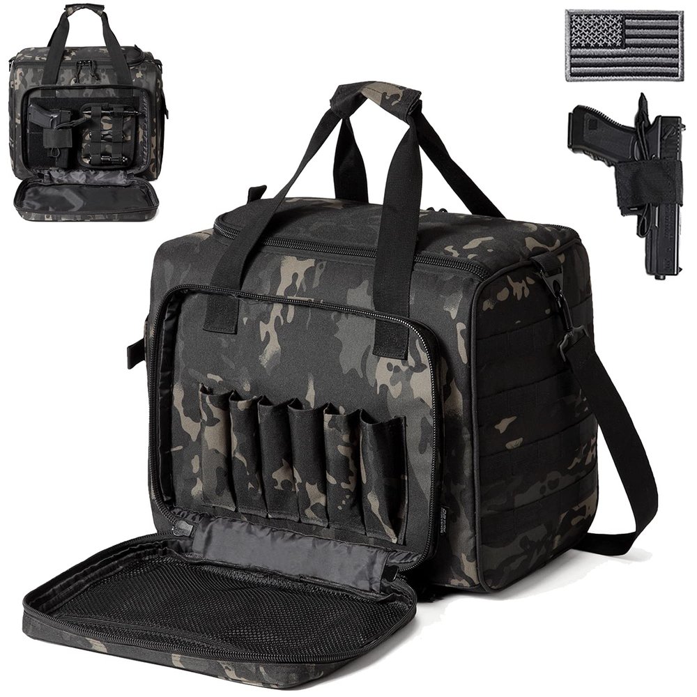 DBTAC Gun Range Bag Large | Tactical 4+ Pistol Shooting Range Duffle Bag for Handguns and Ammo with 2X Removable Hook & Loop Divider for DSLR | US Flag Patch Included (Charcoal Camo)