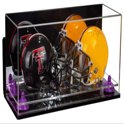 Better Display Cases Acrylic Double Mini - Miniature (not Full Size) Football Helmet or Mini Goalie Mask Display Case with Mirror Case, Purple Risers, Wall Mount and Black Base (A019/V46)