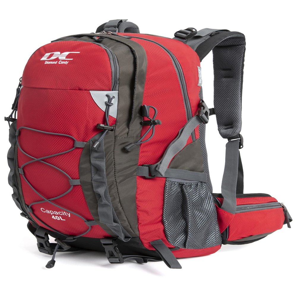 Diamond Candy Waterproof Hiking Backpack for Men and Women, Lightweight Day Pack for Travel Camping, Ruby, 40L