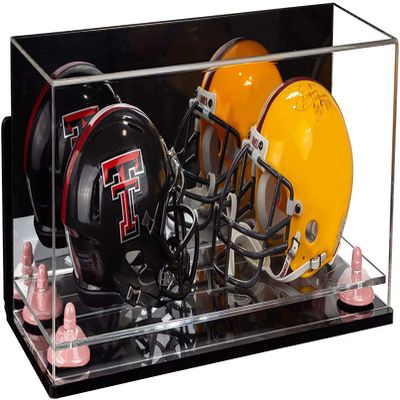 Better Display Cases Acrylic Double Mini - Miniature (not Full Size) Football Helmet or Mini Goalie Mask Display Case with Mirror Case, Pink Risers, Wall Mount and Black Base (A019/V46)