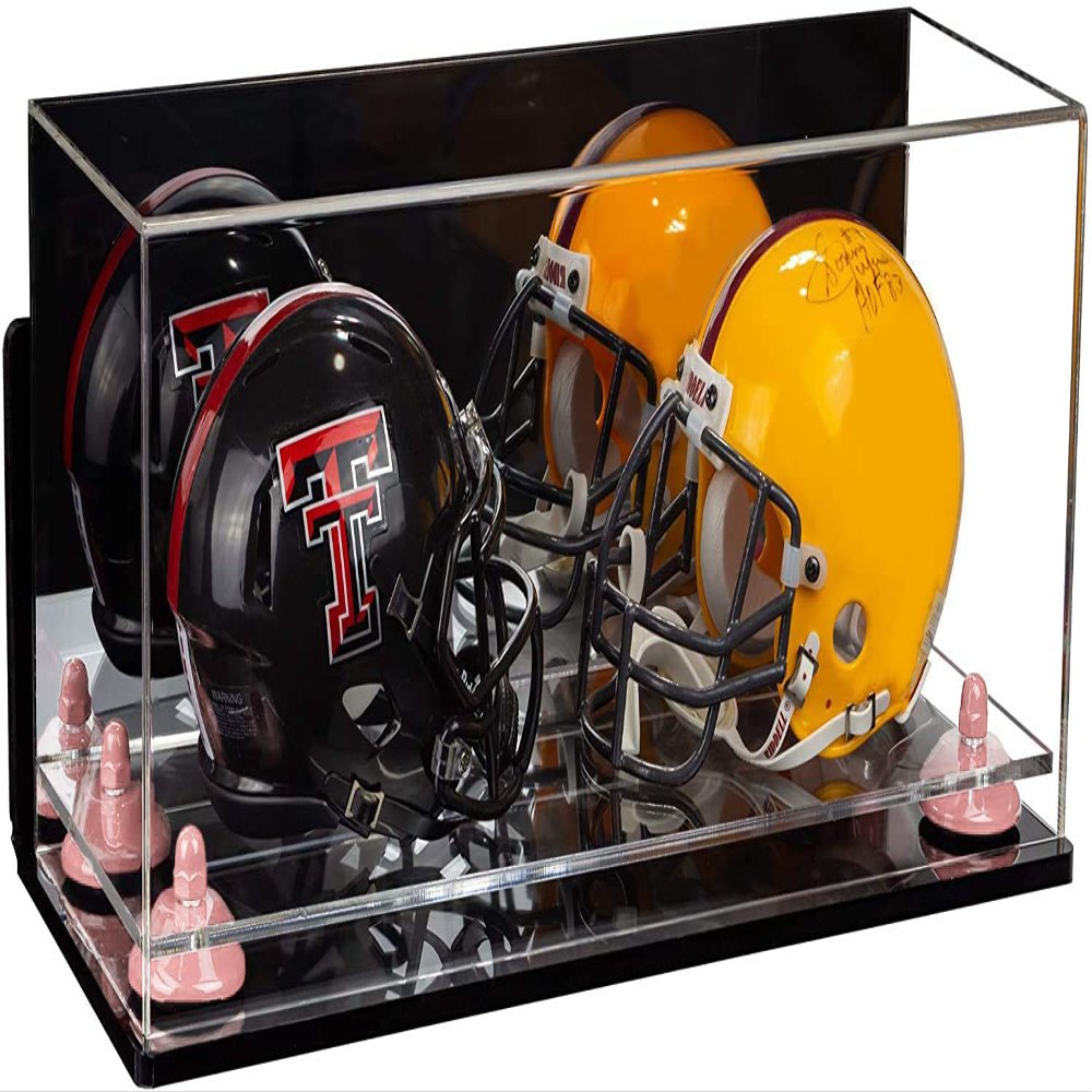 Better Display Cases Acrylic Double Mini - Miniature (not Full Size) Football Helmet or Mini Goalie Mask Display Case with Mirror Case, Pink Risers, Wall Mount and Black Base (A019/V46)