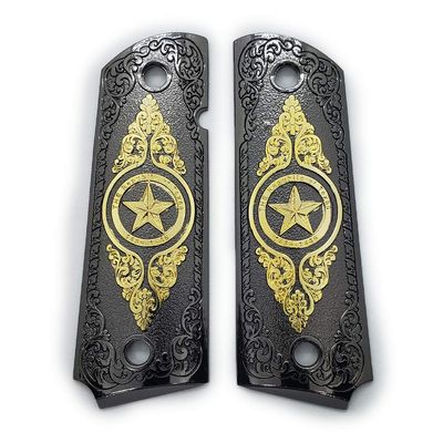 1911 Texas Star Black Gold Full Size Government Metal Grips (Compatible with Colt) with Screws Included.