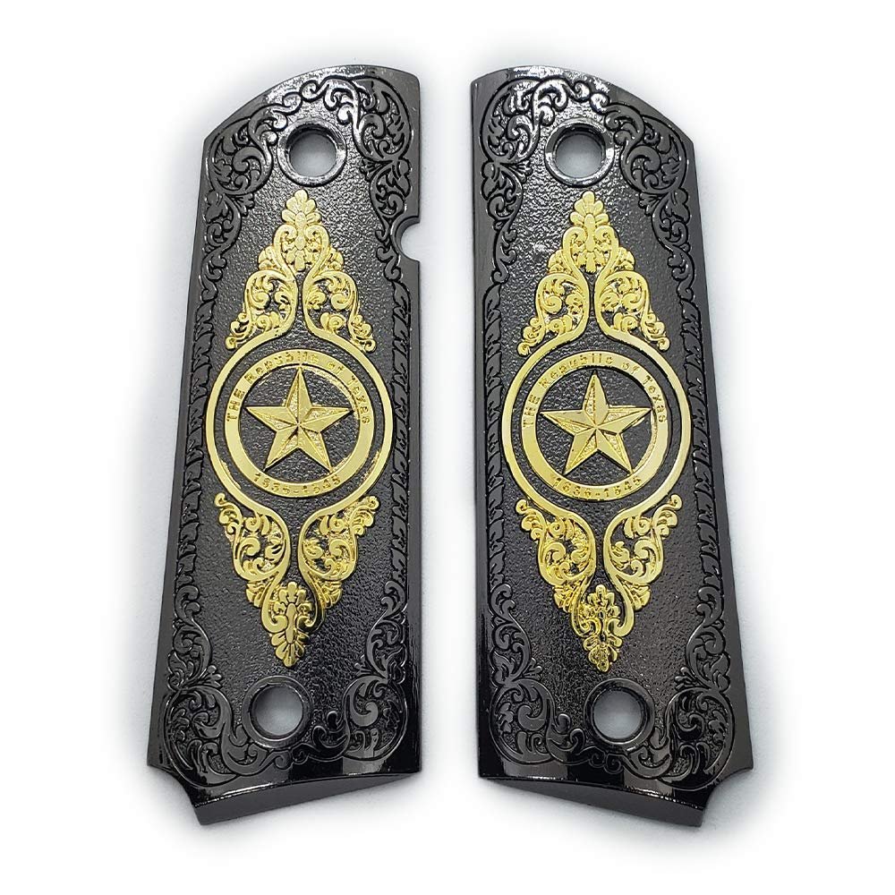 1911 Texas Star Black Gold Full Size Government Metal Grips (Compatible with Colt) with Screws Included.