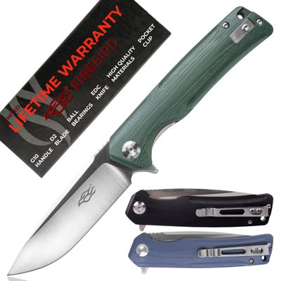 Firebird GANZO FH91-GB Ball Bearing Pocket Folding Knife D2 Steel Blade Ergonomic G10 Anti-Slip Handle with Clip Camping Fishing Hunting Outdoor Flipper EDC Pocket Knife (Green)