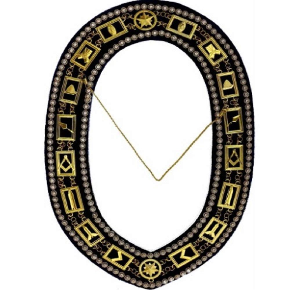 Blue Lodge Working Tools - Rhinestones Chain Collar - Gold/Silver on Blue + Free Case (Gold)
