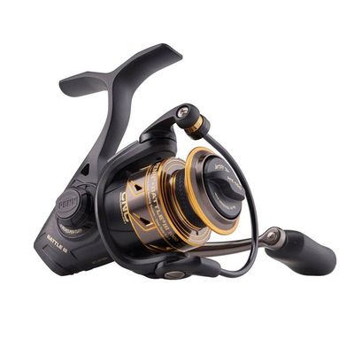 PENN Battle III Spinning Inshore Fishing Reel, HT-100 Front Drag, max of 9lb | 4.0kg, Made with Sturdy All-Aluminum Composition for Durability, Black Gold, 1000