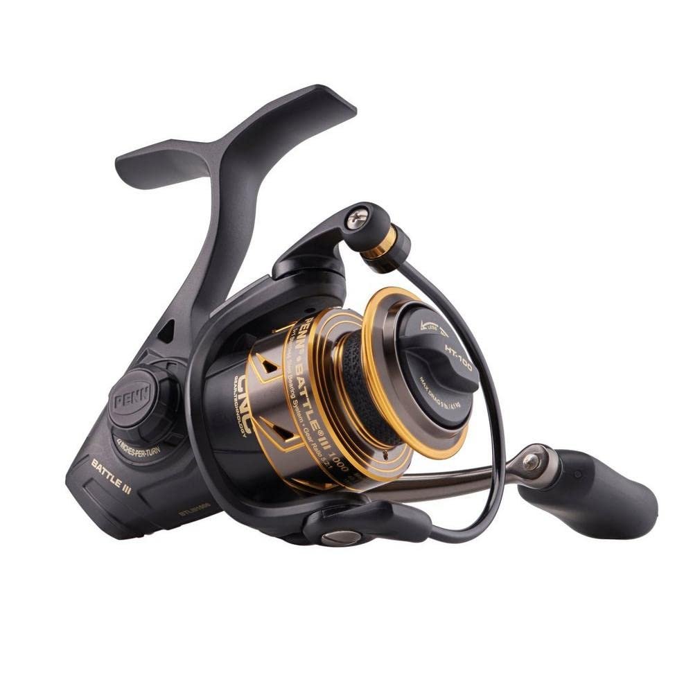 PENN Battle III Spinning Inshore Fishing Reel, HT-100 Front Drag, max of 9lb | 4.0kg, Made with Sturdy All-Aluminum Composition for Durability, Black Gold, 1000