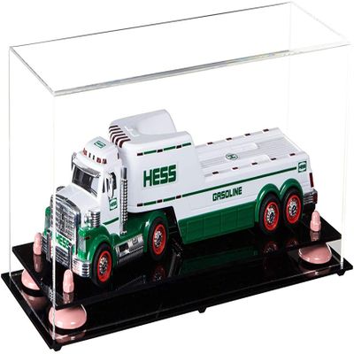 Better Display Cases Versatile Clear Acrylic Trucks, Trains and Rockets Display Case - Large Rectangle Box with Clear Case, Pink Risers and Black Base 17" x 6" x 7" (A019/V46)