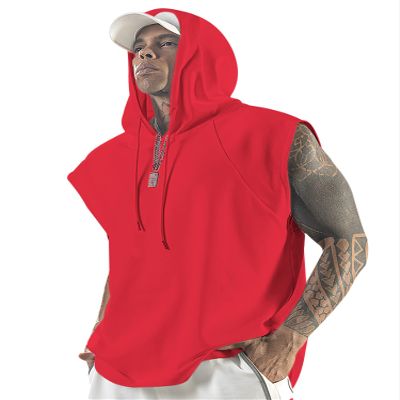 Aixdir Mens Sleeveless Hoodie Sleeveless Shirts Bodybuilding Tank Top Short Sleeve Shirt Red