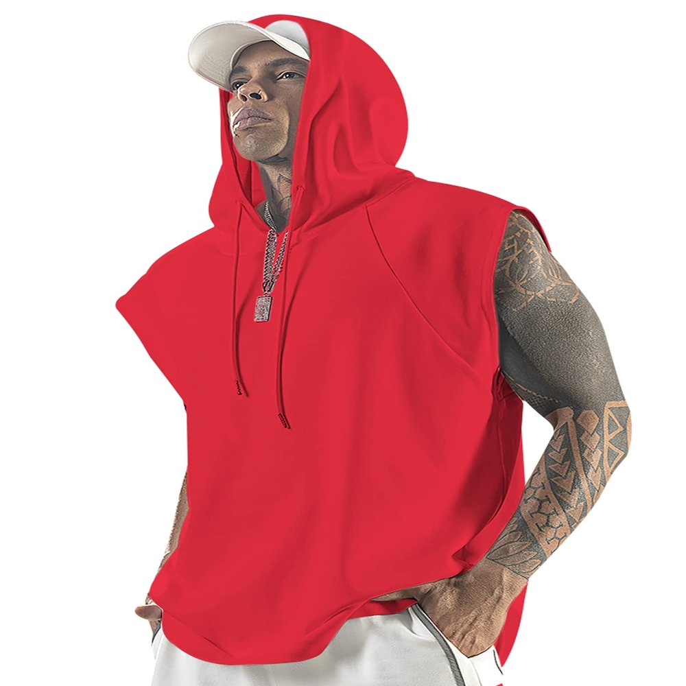 Aixdir Mens Sleeveless Hoodie Sleeveless Shirts Bodybuilding Tank Top Short Sleeve Shirt Red