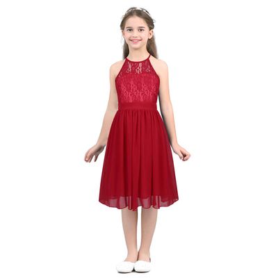 LiiYii Big Girls Formal Party Wedding Bridesmaid Long Dress Halter Lace Chiffon Flower Dress Prom Evening Gown Red 6 Years
