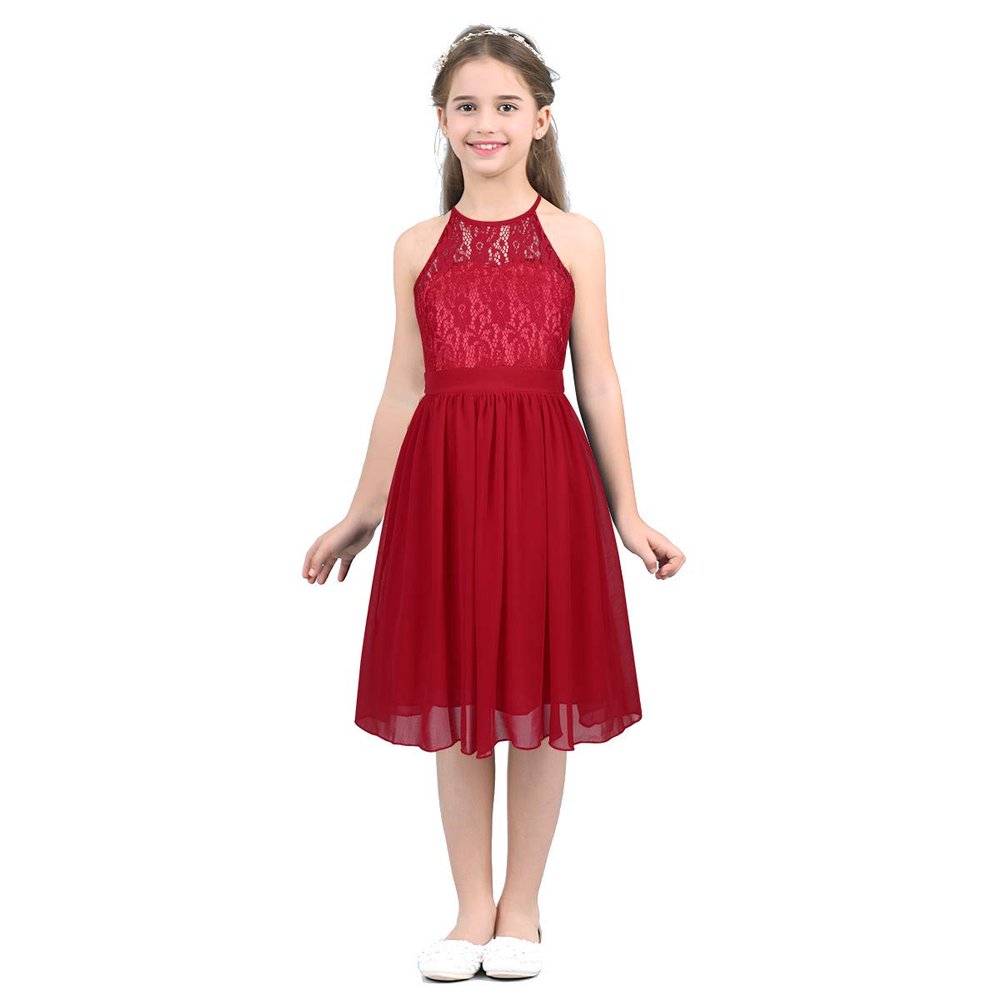 LiiYii Big Girls Formal Party Wedding Bridesmaid Long Dress Halter Lace Chiffon Flower Dress Prom Evening Gown Red 6 Years