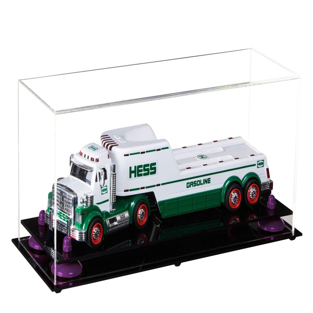Better Display Cases Versatile Clear Acrylic Trucks, Trains and Rockets Display Case - Large Rectangle Box with Clear Case, Purple Risers and Black Base 17" x 6" x 7" (A019/V46)