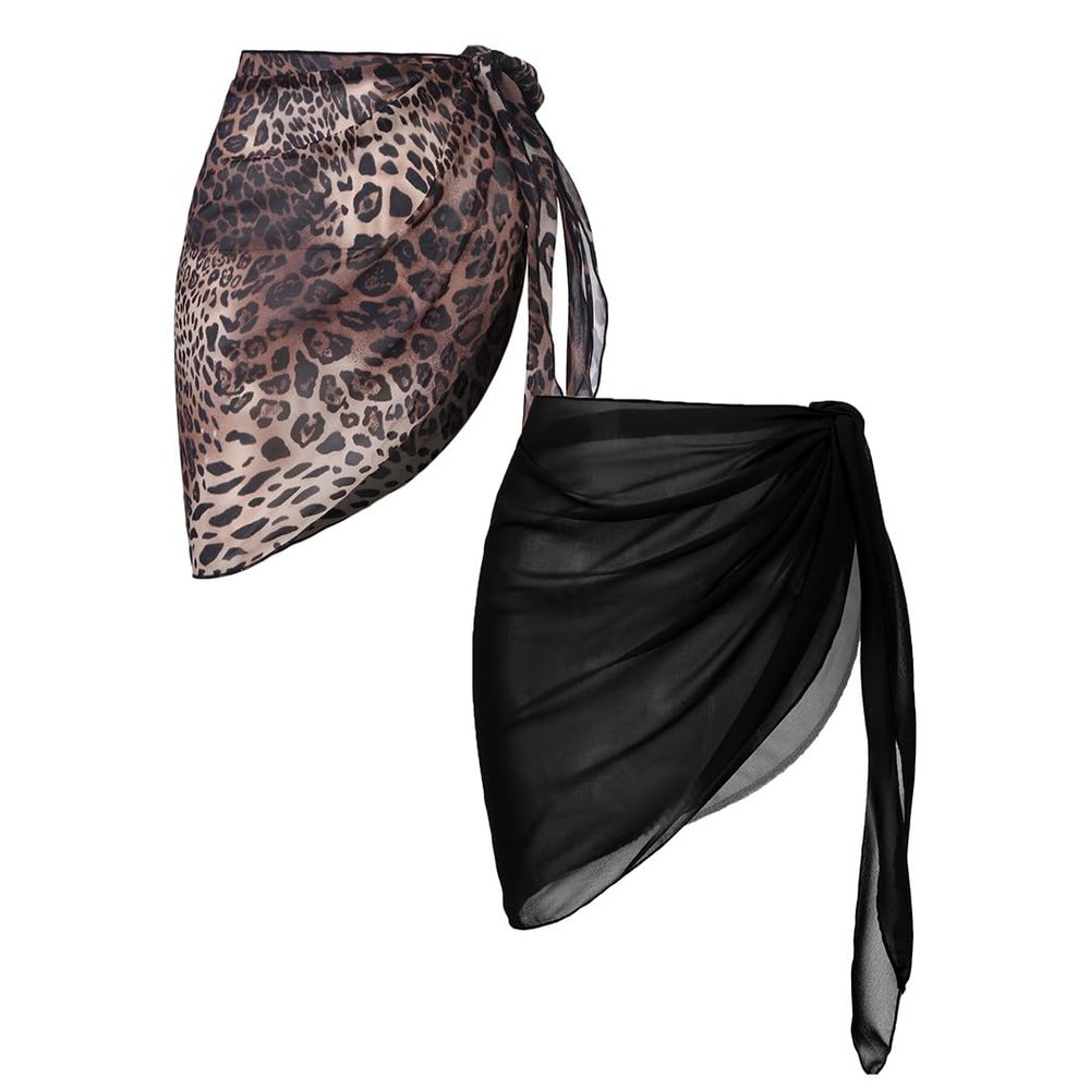 Ekouaer 2 Pieces Women Beach Sarongs Sheer Cover Ups Chiffon Bikini Wrap Skirt for Swimwear,Black/Leopard,Small