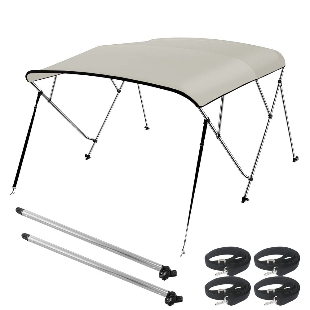 Seamander 4 Bow Marine Grade Polyester Boat Bimini Top, 600D Solution-Dyed Canvas, 4 Adjustable Nylon Straps, 2 Rear Support Poles, 13 Sizes, 10 Colors (4 Bow 8'L x 54" H x 91"-96" W,Beige)