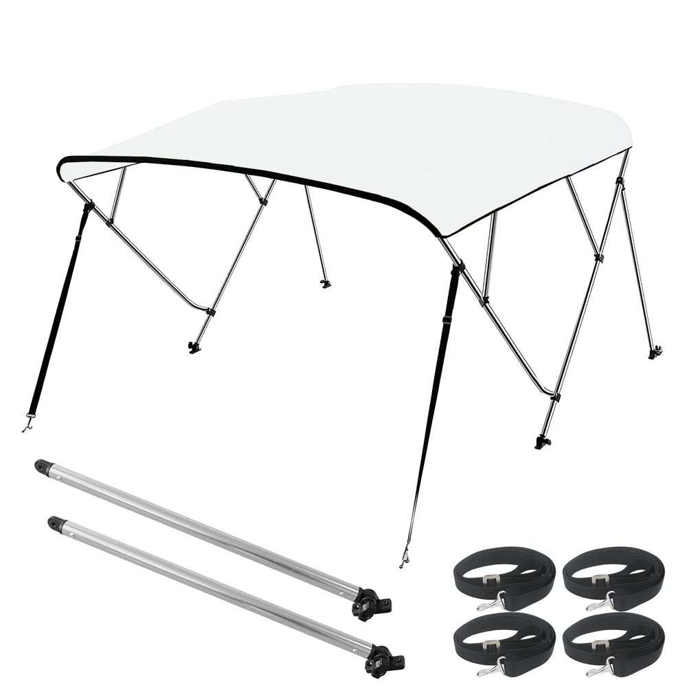 Seamander 3 Bow Marine Grade Polyester Boat Bimini Top, 600D Solution-Dyed Canvas, 4 Adjustable Nylon Straps, 2 Rear Support Poles, 13 Sizes, 10 Colors (4 Bow 8'L x 54" H x 85"-90" W,White)