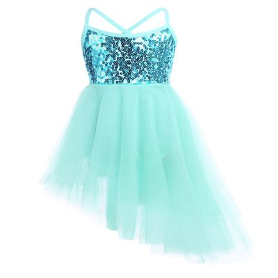 QinCiao Girls Kids Sequins Camisole Ballet Dance Tutu Dress Ballerina Gymnastic Leotard Asymmetrical Skirt Fairy Costume Mint Green 7-8