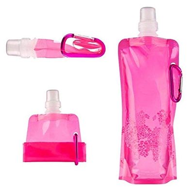 DUOER 2 Pcs Foldable Water Bottle Bags 480ML Environmental Protection Collapsible Portable Outdoor Sports Water Bottles for Hiking Camping (Color : Pink*2)