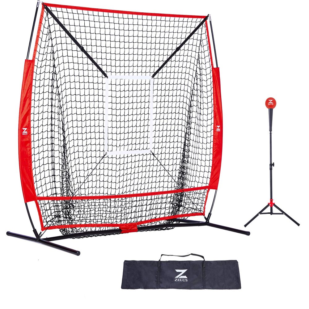 ZELUS Baseball Net Kit with Tee and Strike Zone, 5x5ft Softball Training Equipment for Hitting & Pitching, Portable Indoor Outdoor Batting Practice Net with Storage Bag and Baseball
