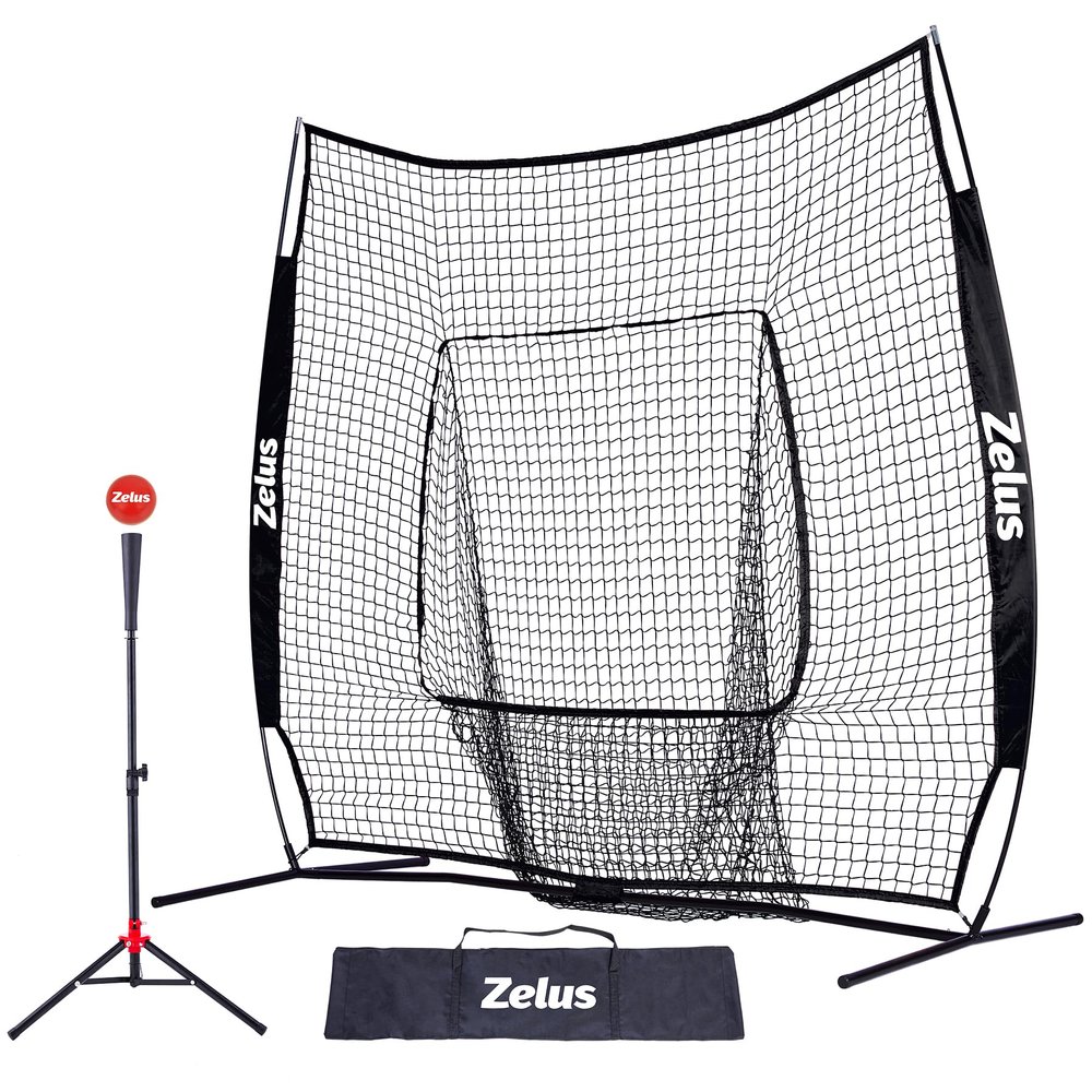ZELUS 7x7ft Baseball Softball Practice Net | Portable Baseball Net with Tee, 2.8" 16oz Weighted Baseball and Carry Bag for Batting Hitting and Pitching