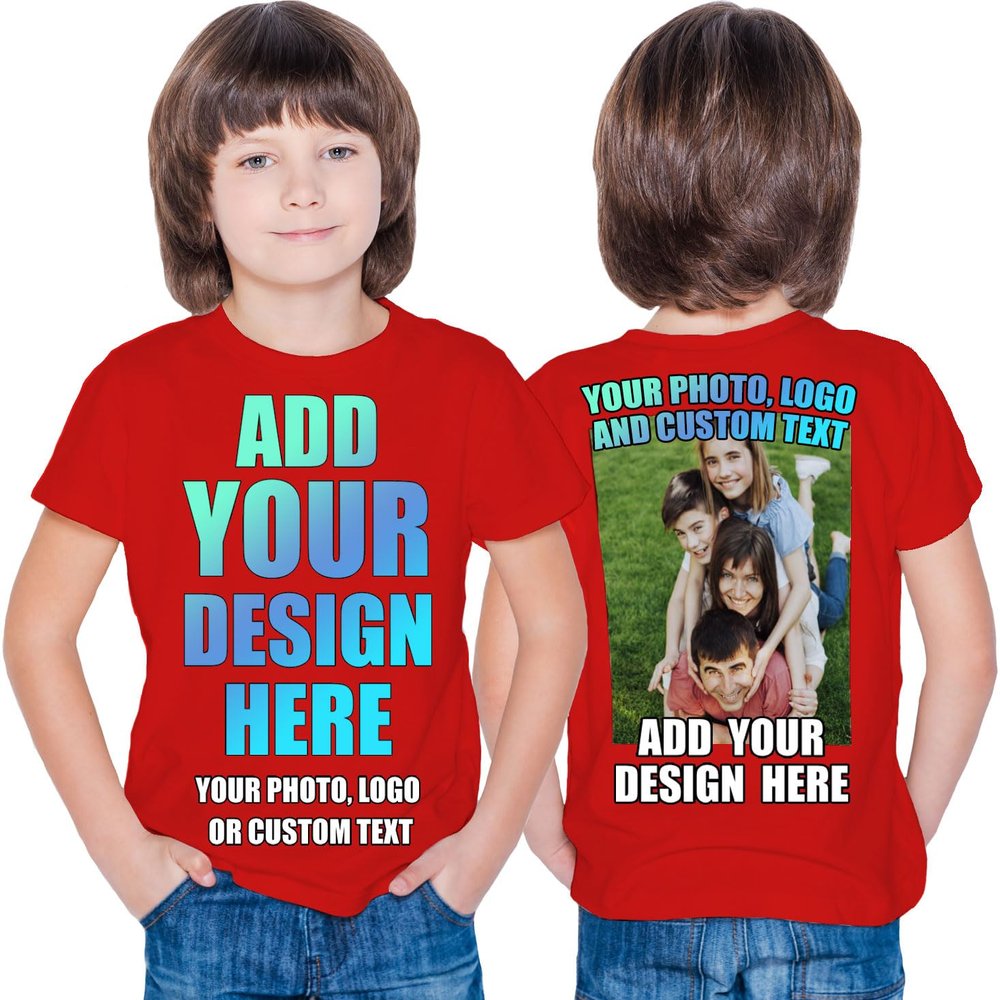 Design Your Own Custom 2 Sided Front and Back Printed Kids T Shirt Add Image Text or Photo (14-15 Years Red Multi Color)