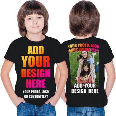 Design Your Own Custom 2 Sided Front and Back Printed Kids T Shirt Add Image Text or Photo (14-15 Years Black Multi Color)