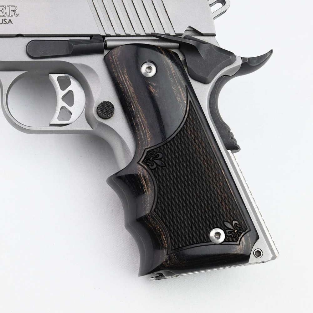 Altamont 1911 Grips - Fingergroove - Full Size 1911 Real Wood Gun Grips w. Ambi Safety fits Most Commander, Standard & Government 1911 Models - Made in USA - Silverblack - Checkered