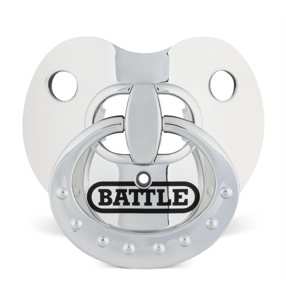 Battle Sports Binky Oxygen Football Mouthguard - Detachable Strap, Maximum Breathability, Works with Braces & No Boiling Required - Chrome Silver