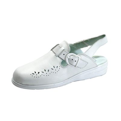 24 Hour Comfort Leslie (1805) Women's Wide Width Leather Back Strap Clogs White 5